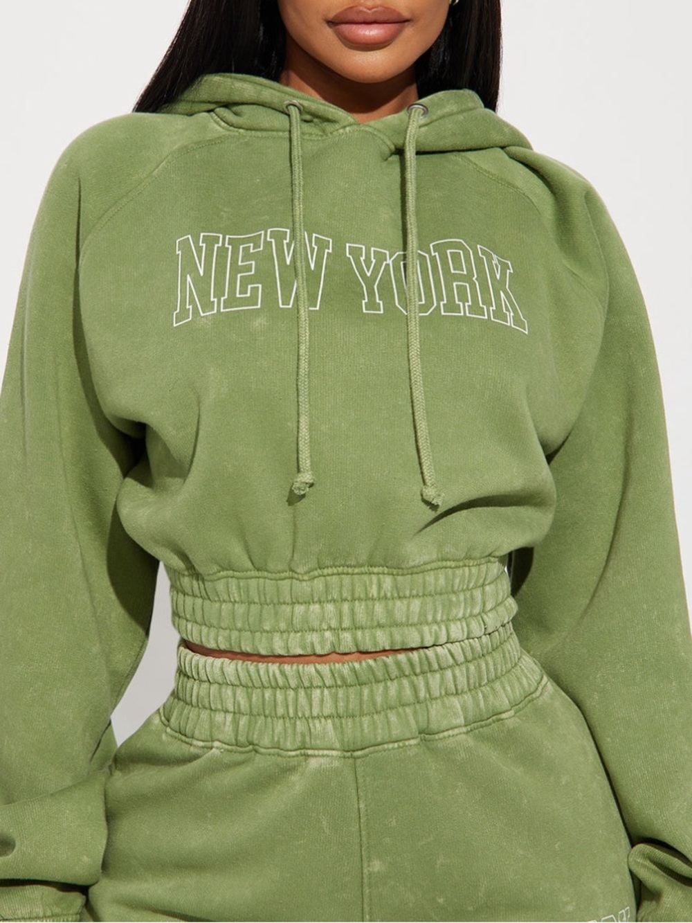 Fashion Nova Olive Green 'New York' Cropped Hoodie Sweater